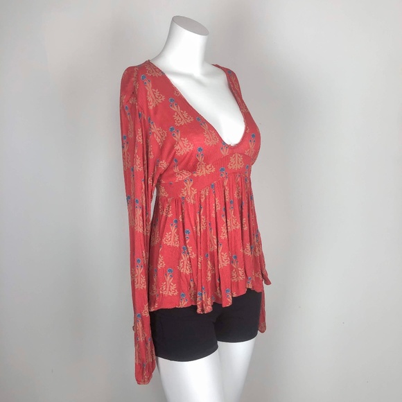 Free People Tops - Free People Long Slv Pleated Floral Hi-Low Red Top